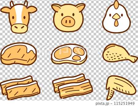 簡單的肉類和動物插圖集。雞肉、豬肉、牛肉 115251949