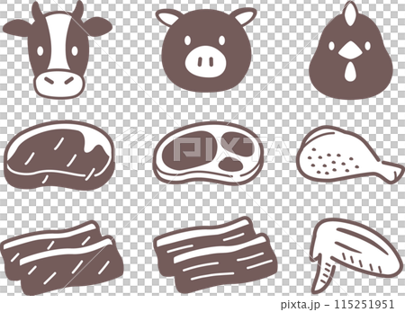 簡單的肉類和動物插圖集。雞肉、豬肉、牛肉 115251951