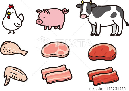 シンプルな食肉と動物のイラストセット。鶏肉、豚肉、牛肉 115251953