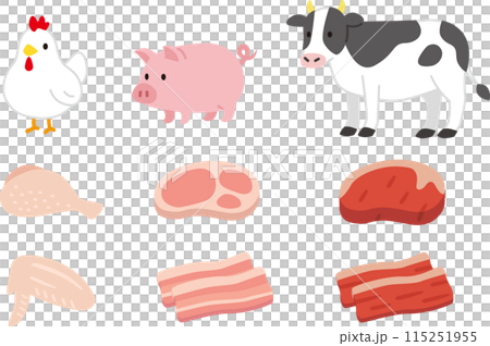 シンプルな食肉と動物のイラストセット。鶏肉、豚肉、牛肉 シンプルな食肉と動物のイラストセット。鶏肉、豚肉、牛肉 115251955