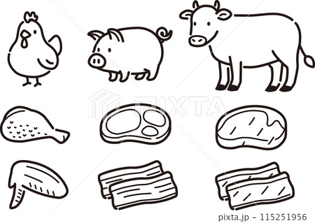 シンプルな食肉と動物のイラストセット。鶏肉、豚肉、牛肉 シンプルな食肉と動物のイラストセット。鶏肉、豚肉、牛肉 115251956