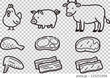 シンプルな食肉と動物のイラストセット。鶏肉、豚肉、牛肉 シンプルな食肉と動物のイラストセット。鶏肉、豚肉、牛肉 115251956