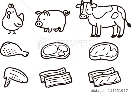 シンプルな食肉と動物のイラストセット。鶏肉、豚肉、牛肉 シンプルな食肉と動物のイラストセット。鶏肉、豚肉、牛肉 115251957