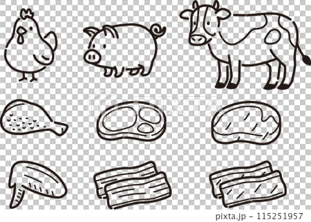 シンプルな食肉と動物のイラストセット。鶏肉、豚肉、牛肉 シンプルな食肉と動物のイラストセット。鶏肉、豚肉、牛肉 115251957