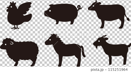 Simple farm animals, carnivorous animals silhouette illustration 115251964