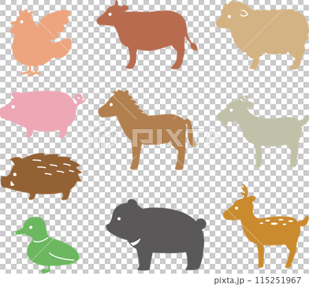 シンプルな野生動物・家畜、食肉動物のシルエットイラスト 115251967