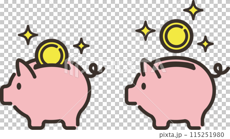 可愛的豬存錢筒和日圓硬幣的插圖 115251980