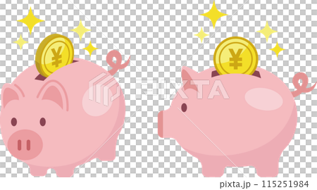 Illustration of a cute piggy bank and a Japanese yen coin going in 115251984