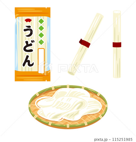 ザルに盛られたうどんと乾麺のうどん 115251985