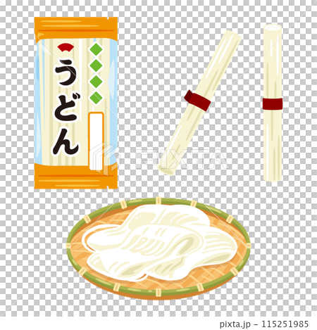 ザルに盛られたうどんと乾麺のうどん 115251985