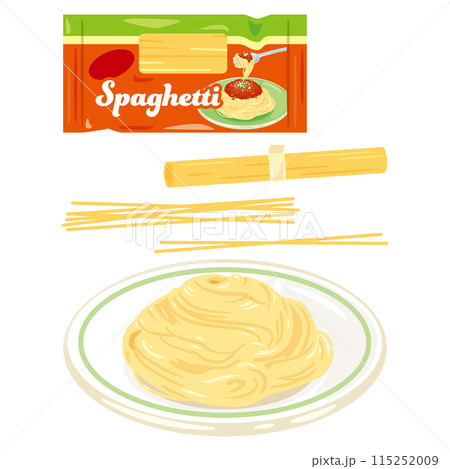 袋入りのパスタと皿に盛られたパスタ 袋入りのパスタと皿に盛られたパスタ 115252009