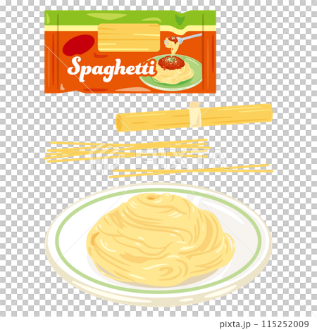 袋入りのパスタと皿に盛られたパスタ 袋入りのパスタと皿に盛られたパスタ 115252009