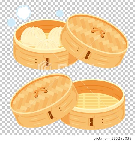 A steamer filled with steamed meat buns and an empty steamer 115252033