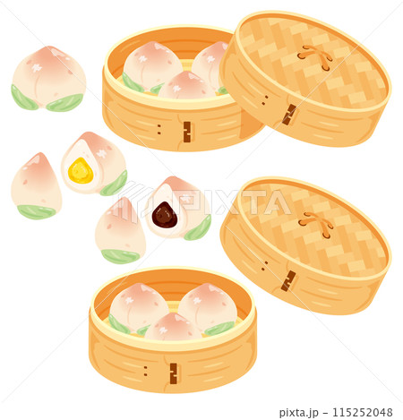 セイロに盛られた桃まんじゅうセット 115252048