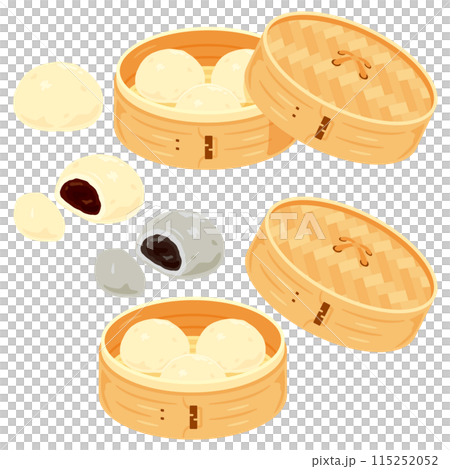 A set of sweet bean buns served in a bamboo steamer 115252052