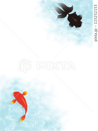 赤と黒の金魚が泳いでいる水面のイラスト(縦位置右上と左下) 赤と黒の金魚が泳いでいる水面のイラスト(縦位置右上と左下) 115252153