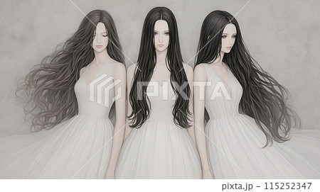 白いドレスのロングヘアの女性たち