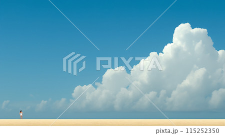 白い砂浜と入道雲と女性