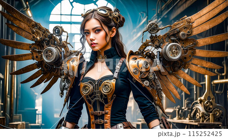 Beautiful girl with mechanical wings in steampunk style. 115252425