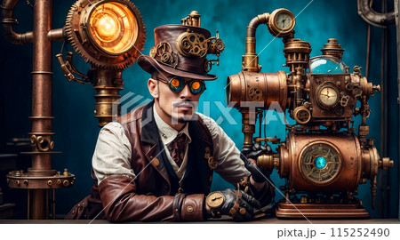 Steampunk style. Industrial mechanical monster made of metal and leather. Supernatural being. 115252490