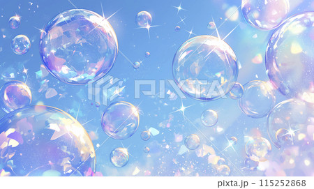 青空に浮かぶシャボン玉のイラストの背景素材「AI生成画像」のイラスト