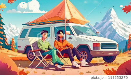 ビンテージSUVとカップル、オートキャンプ場 115253270