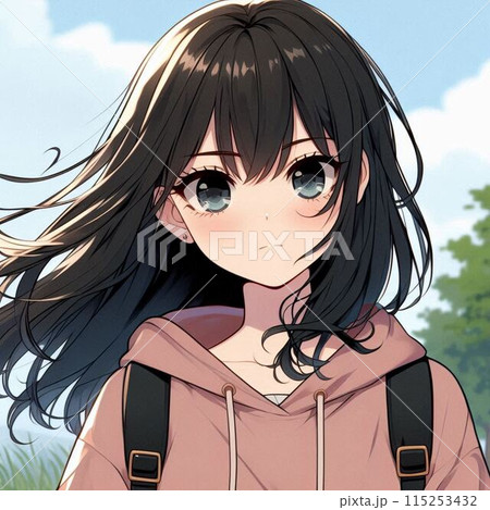髪を風でなびかせ、こちらを見つめる若い女性のイラスト素材
