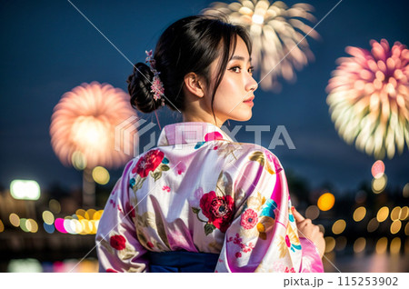 花火大会でのクールなイメージの浴衣の女性 115253902