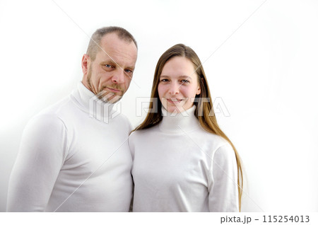Profile side view portrait of his he her she nice attractive pretty lovely charming cute cheerful cheery content persons folded arms isolated over light white pastel background 115254013