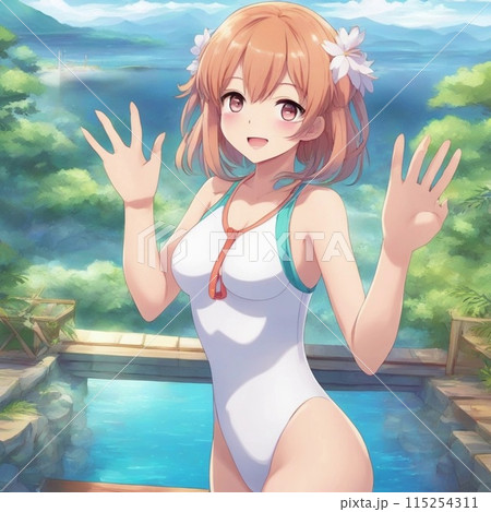 温泉好きの可愛い女の子たちが、水着姿でのんびりと露天風呂でくつろぐ姿を描いたイラスト画です。20 115254311