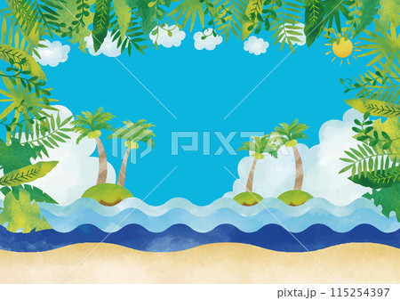 水彩風　南国風景 ヤシの木と海と空　フレーム3 115254397