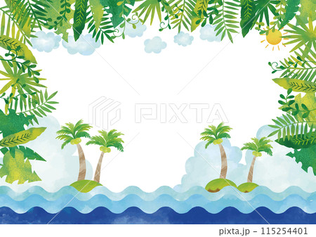 水彩風 南国風景 ヤシの木と海と空 フレーム2のイラスト素材