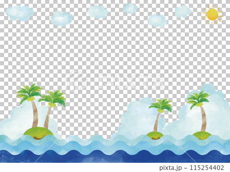 Watercolor style tropical landscape palm trees, sea and sky frame 1 115254402