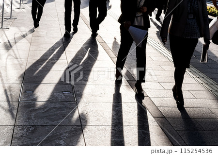 都会の歩道を行き交う人々の影を見る足元 115254536