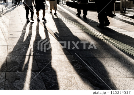 都会の歩道を行き交う人々の影を見る足元 115254537