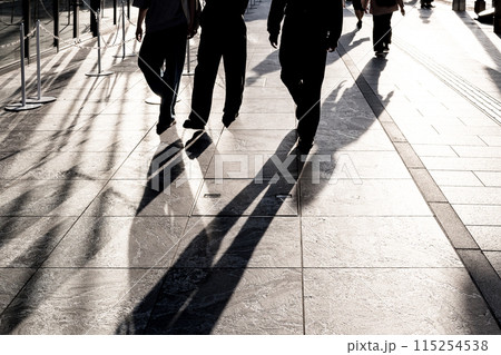 都会の歩道を行き交う人々の影を見る足元 都会の歩道を行き交う人々の影を見る足元 115254538