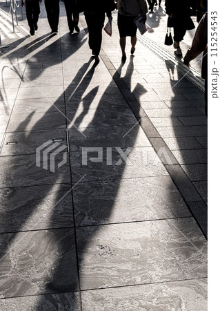 都会の歩道を行き交う人々の影を見る足元 都会の歩道を行き交う人々の影を見る足元 115254543