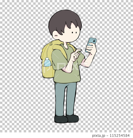 A man with a backpack operating a smartphone 115254584
