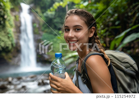 happy young woman tourist with backpack holding bottle of water against the backdrop of mountain waterfall 115254972