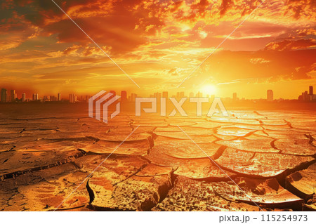 dry cracked earth with post-apocalyptic city after global warming on the background 115254973