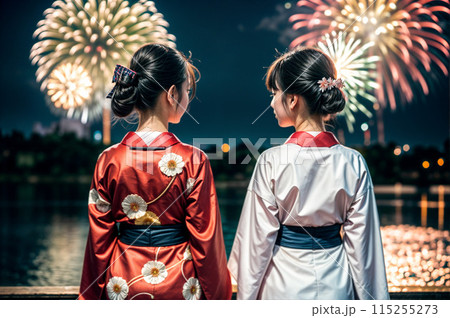 花火大会にきた浴衣の美しい女性二人組 115255273