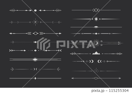 Silver celestial divider thin line border decoration. Collection tribal with moon, stars and arrows mystical separators. Modern ornament minimal set isolated on dark background. Silver celestial divider thin line border decoration. Collection tribal with moon, stars and arrows mystical separators. Modern ornament minimal set isolated on dark background. 115255304