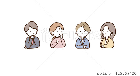 考えたり悩んだり困っている会社員の男女4人 考えたり悩んだり困っている会社員の男女4人 115255420
