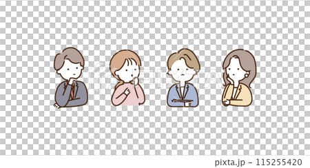 考えたり悩んだり困っている会社員の男女4人 考えたり悩んだり困っている会社員の男女4人 115255420