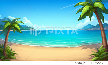 やしの木と海岸と海と青空がきれいな南国のリゾート地