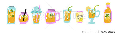 Lemonade in jar and jug, homemade lemon drink. Refreshing summer beverage set for bar or restaurant menu, yellow juice and straw, ice cube, mint leaf, rosemary twig. Lemonade in jar and jug, homemade lemon drink. Refreshing summer beverage set for bar or restaurant menu, yellow juice and straw, ice cube, mint leaf, rosemary twig. 115255685