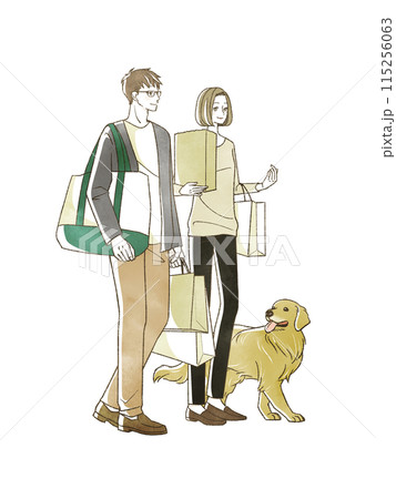 買い物をしている男女と犬 115256063