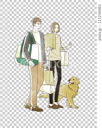 買い物をしている男女と犬 115256063