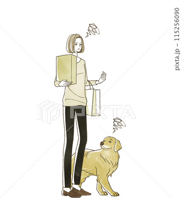 困った表情で買い物をしている女性と犬 困った表情で買い物をしている女性と犬 115256090