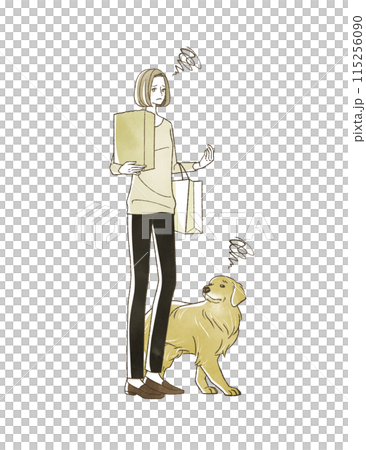 困った表情で買い物をしている女性と犬 困った表情で買い物をしている女性と犬 115256090